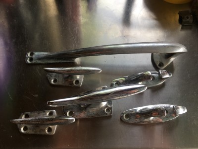 Typical 60s Broom deck hardware..all chrome on brass, small cleats are stern, central foredeck cleat is larger, fairleads in the same style as bow handle.