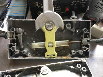 Throttle side, before dismantling - little wear and both the sprung idle stop and throttle tension screws are intact - they typically seize through lack of use and break when removed, or adjusted.